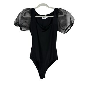 Princess Polly Size 10 Black Puff Sleeve Bodysuit Square Neckline Sheer Stretch